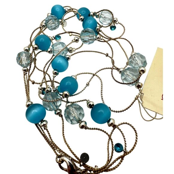 Extra Long Blue Silver-Tone Necklace Clear Beads Delicate Elegant - Picture 3 of 5